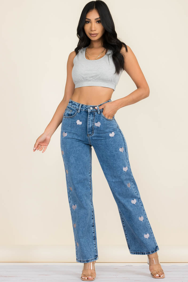 Embroidered Heart Straight Leg Jeans