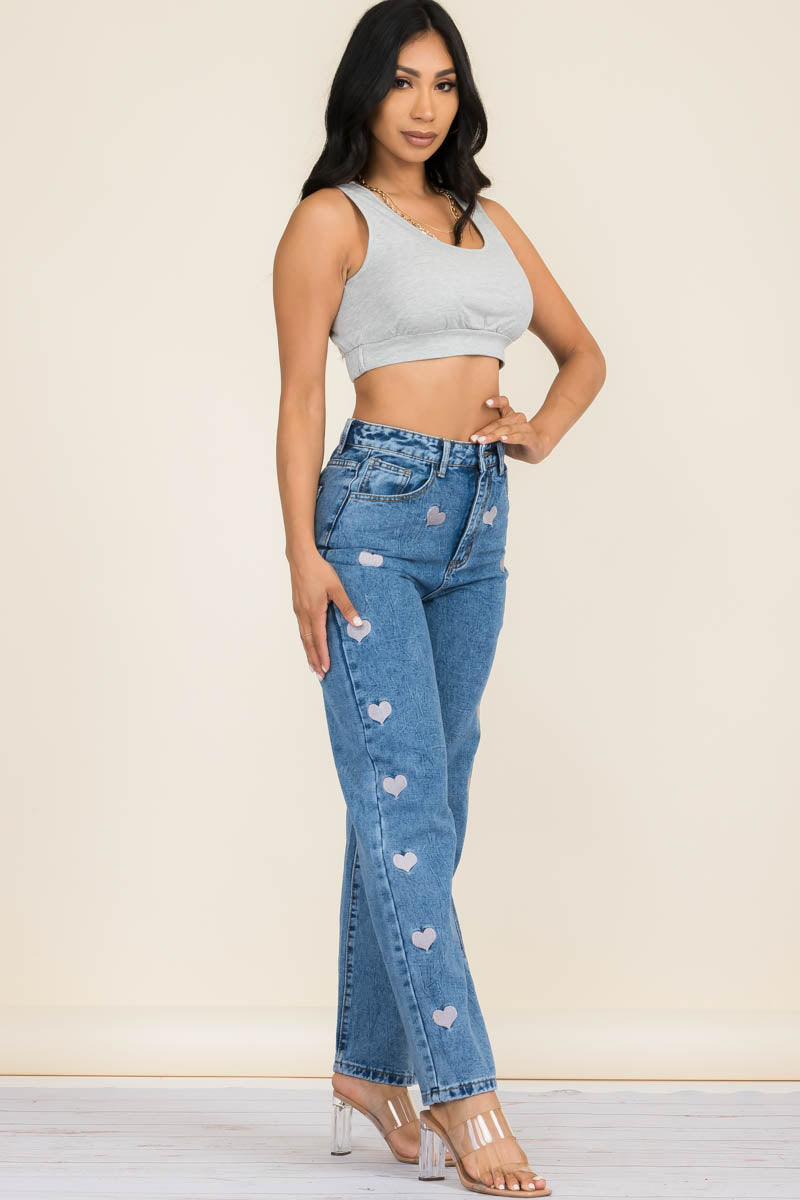Embroidered Heart Straight Leg Jeans