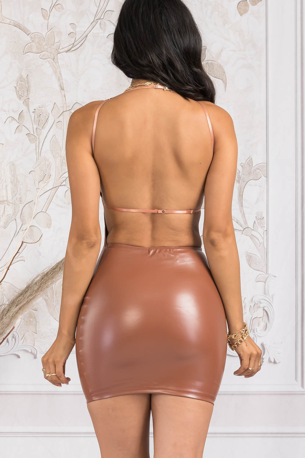 Sabrina Brown Faux Leather Open Back Mini Dress