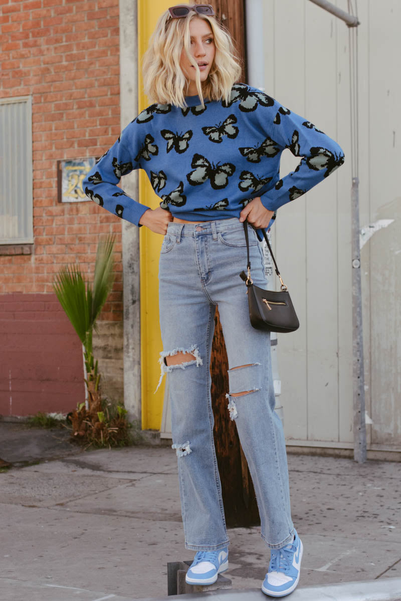 Evelyn Blue Butterfly Pullover Sweater