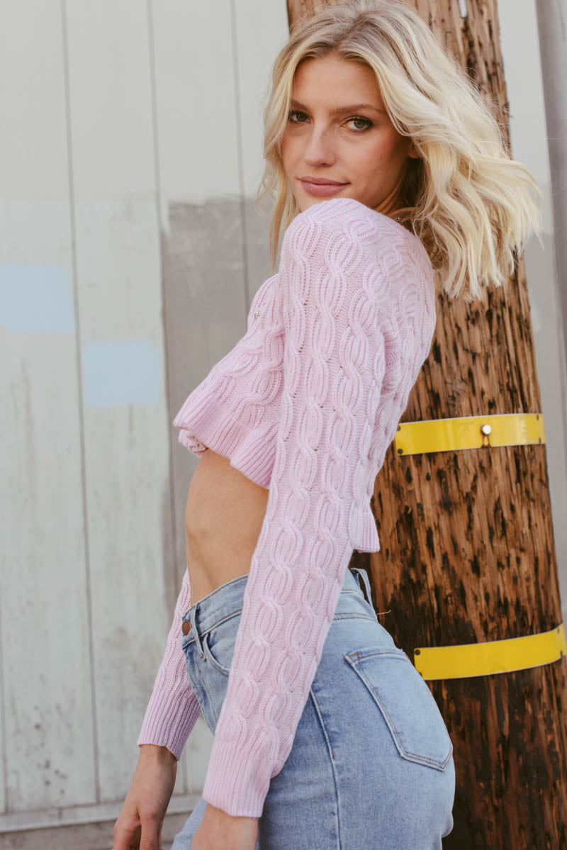 Marley Pink Cable Knit Frill Crop Top