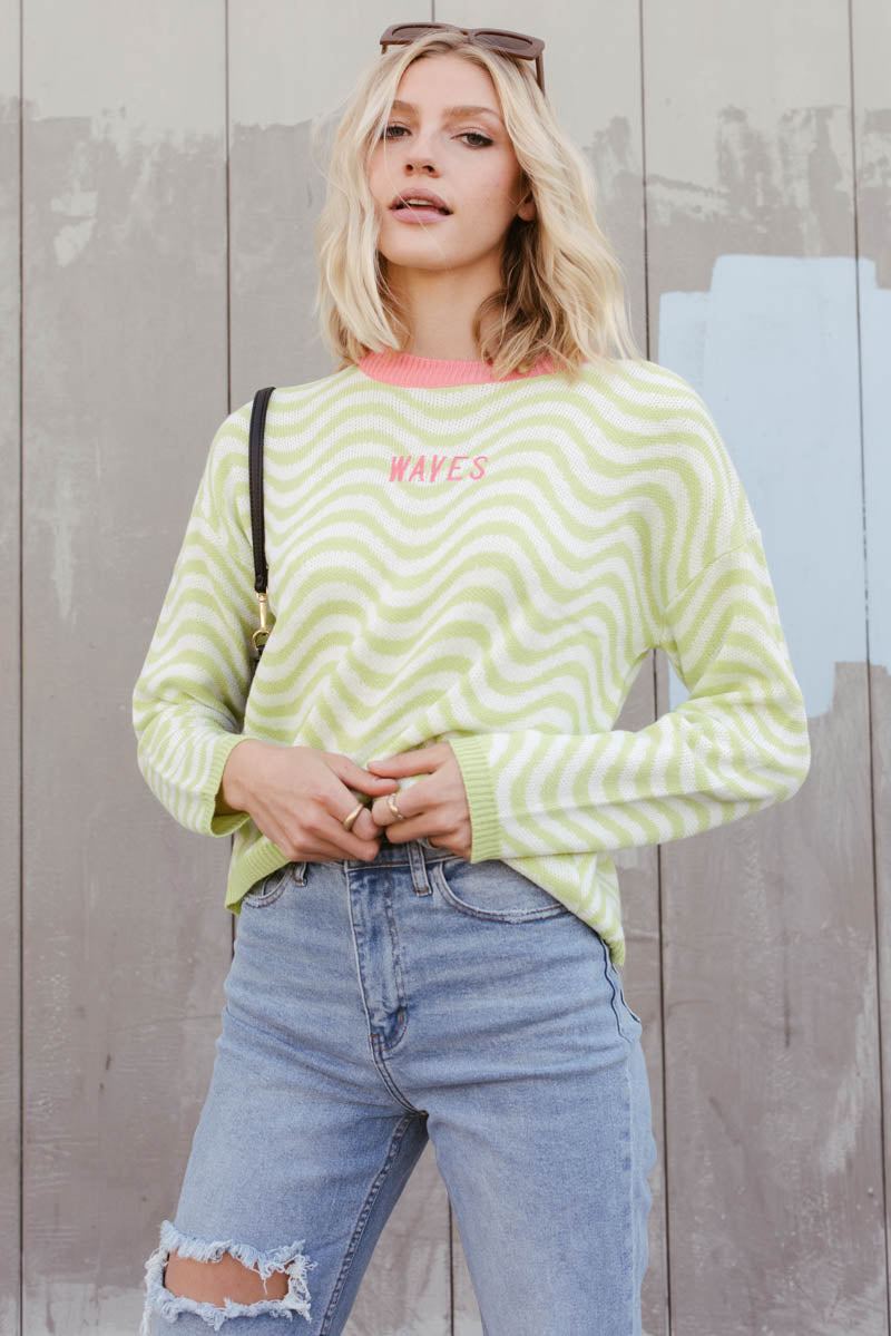 Wren Green Wave Texture Knit Sweater Top