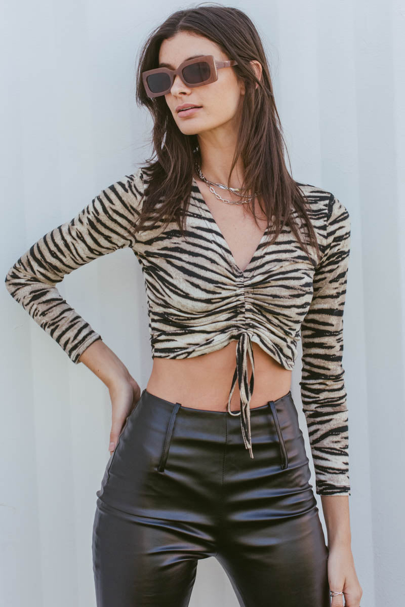 Carla Brown Tiger Print Ruched Long Sleeve Top