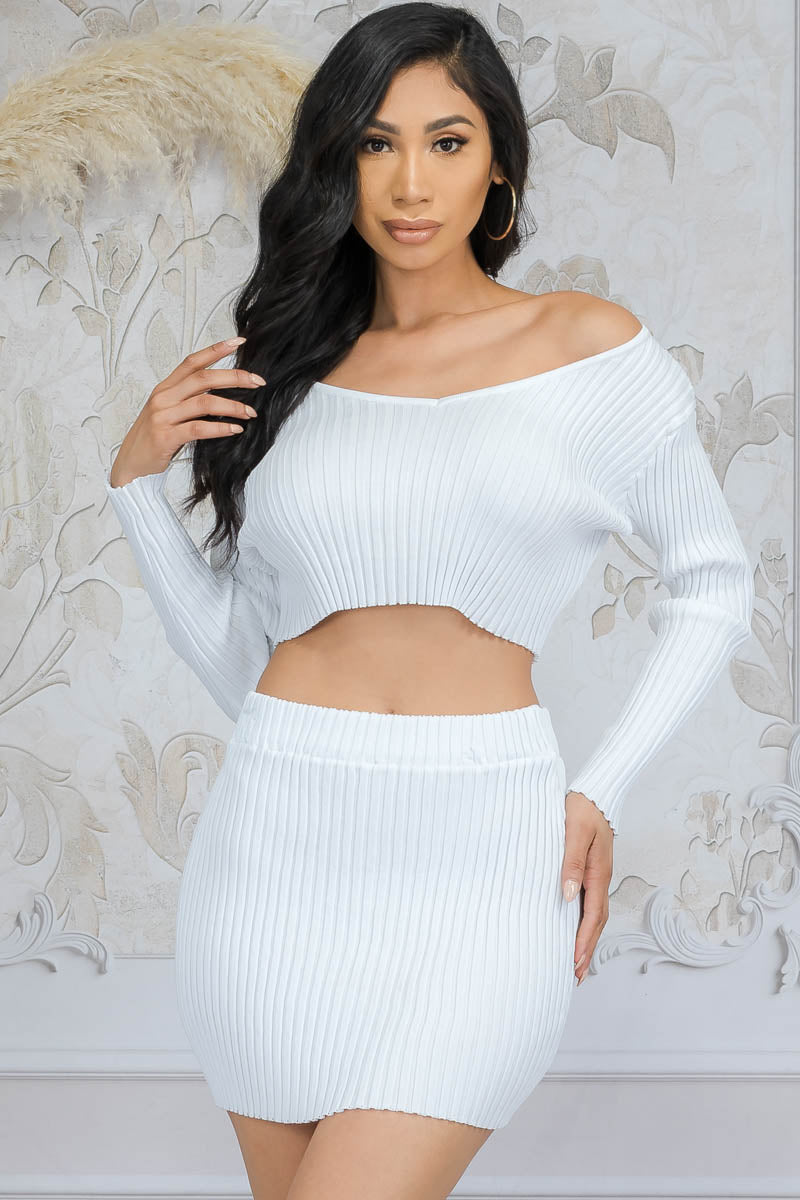 Charlee Cropped Ribbed Knit V-Neck Top and Skirt Set