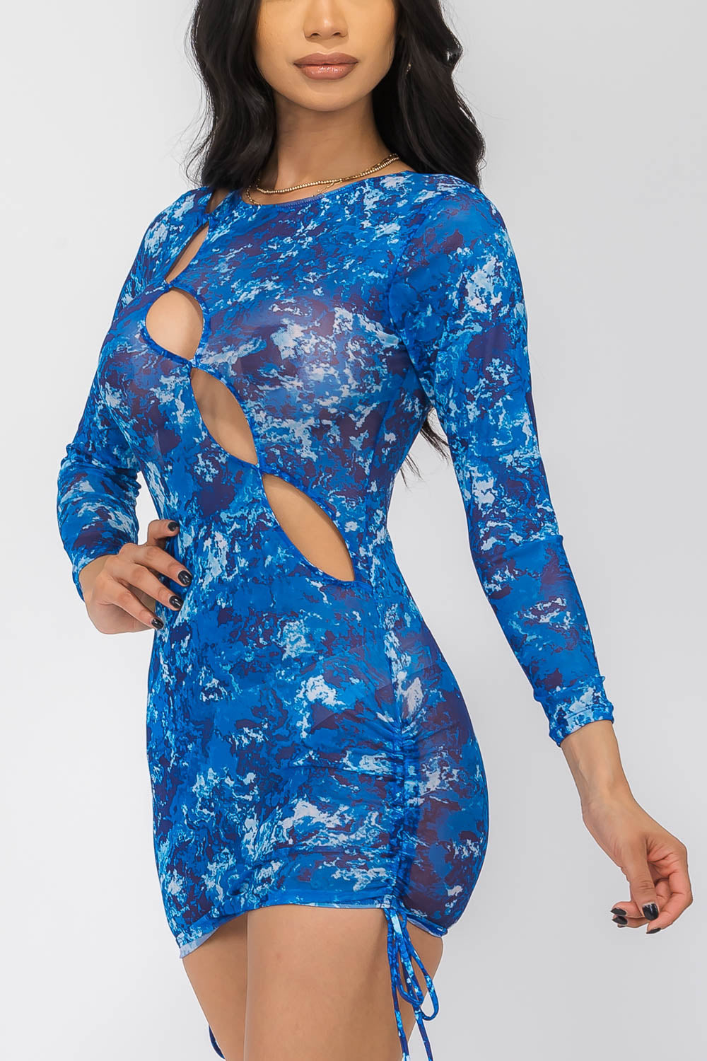 Jenna Blue Mesh Long Sleeve Mini Dress