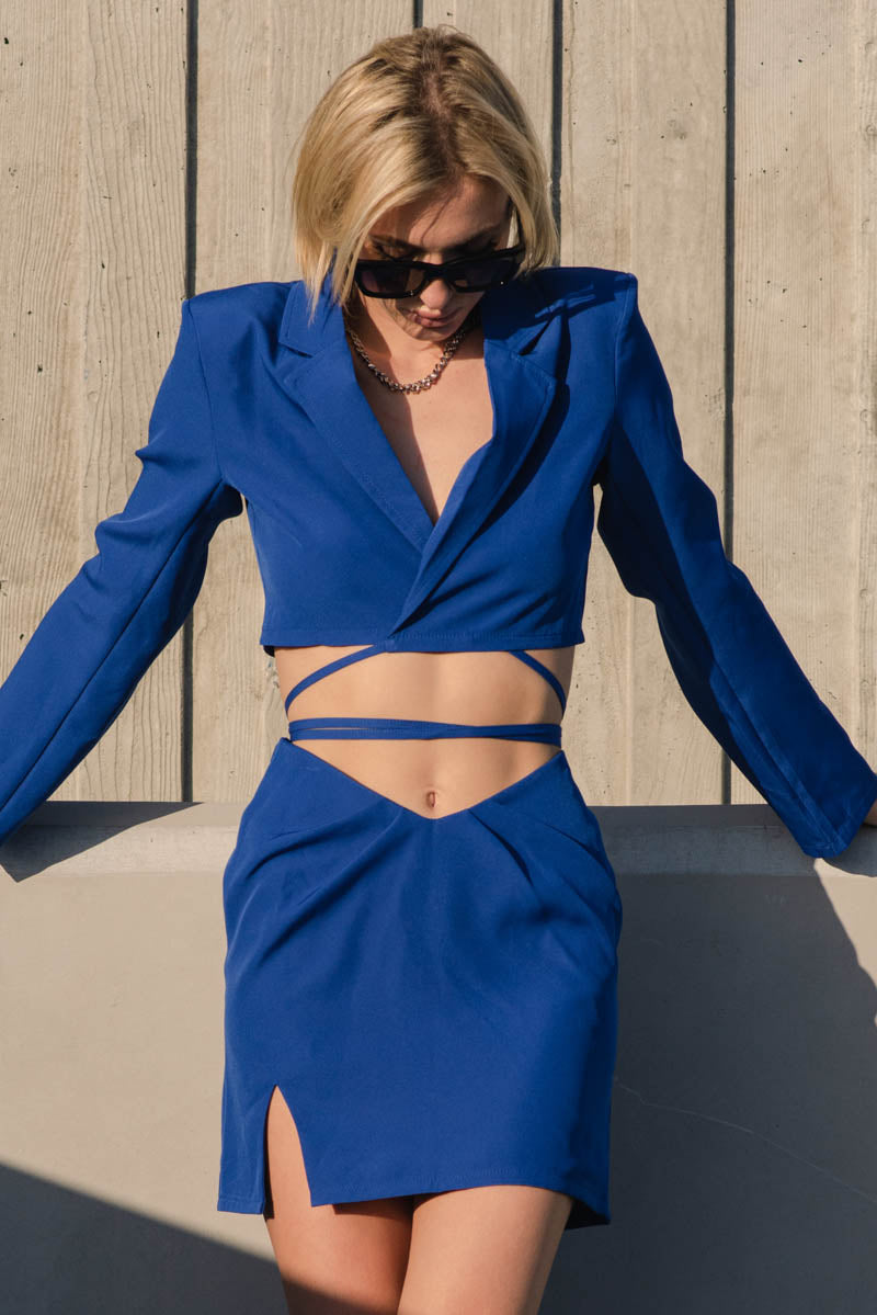 Natalie Blue Cropped Drawstring Blazer Top and Skirt Set