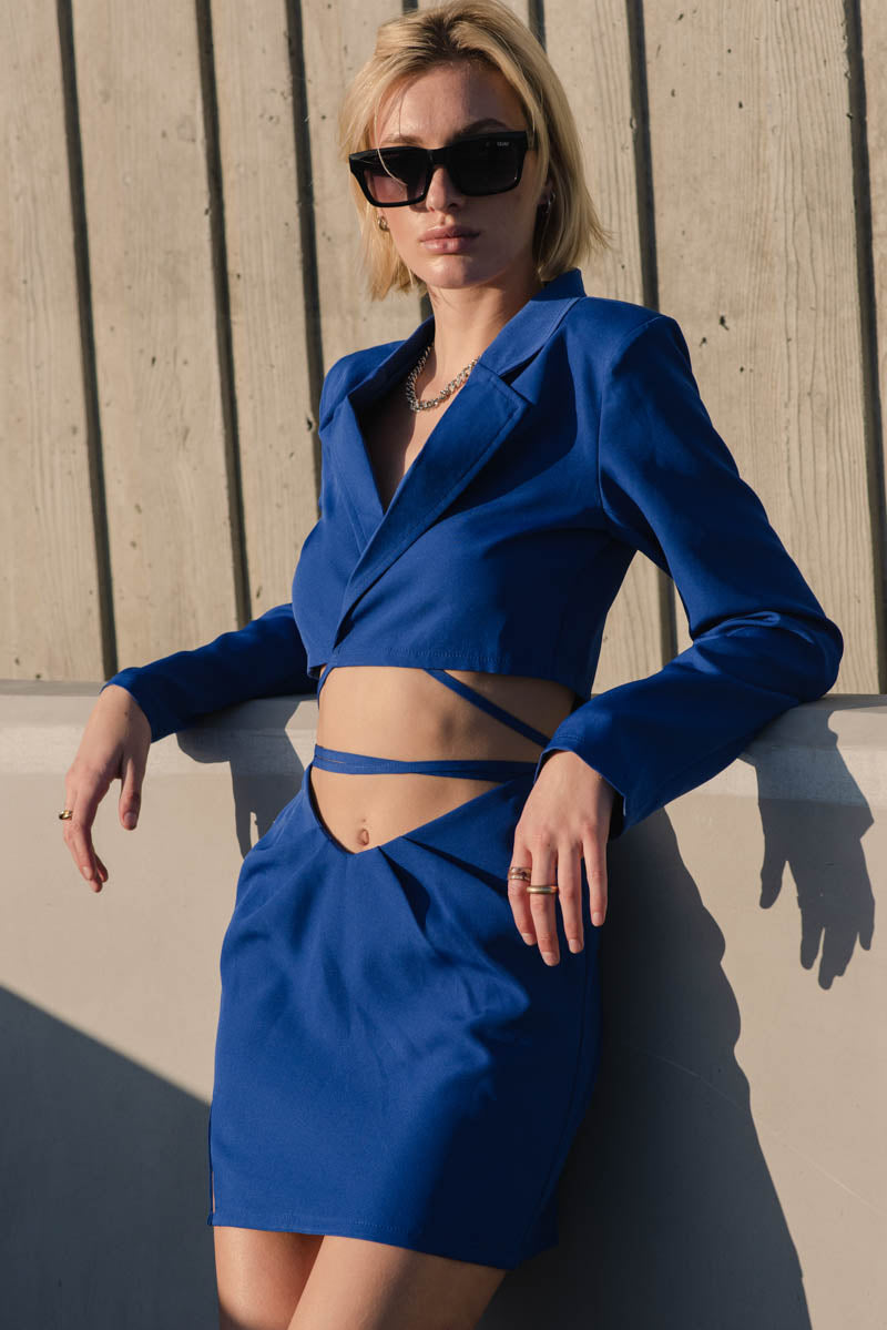 Natalie Blue Cropped Drawstring Blazer Top and Skirt Set