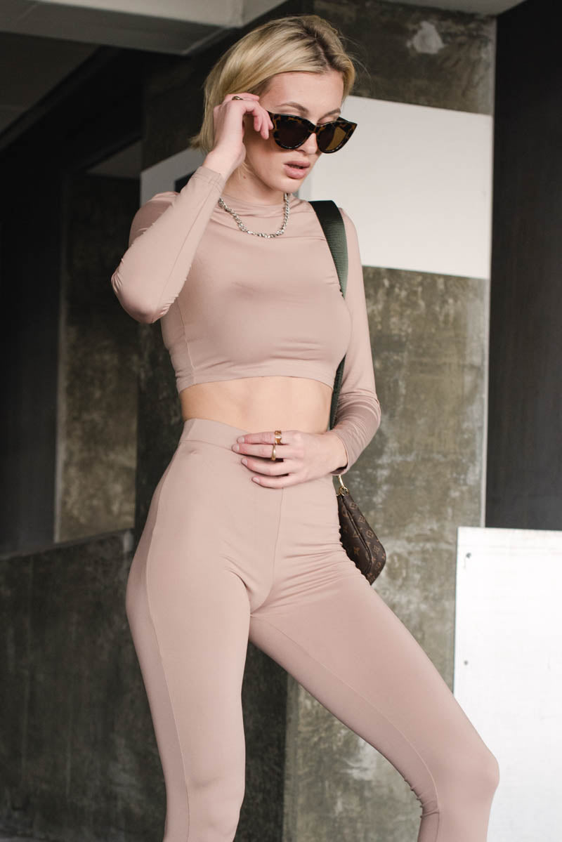 Solid Color Round Neck Crop Top and Leggings Set
