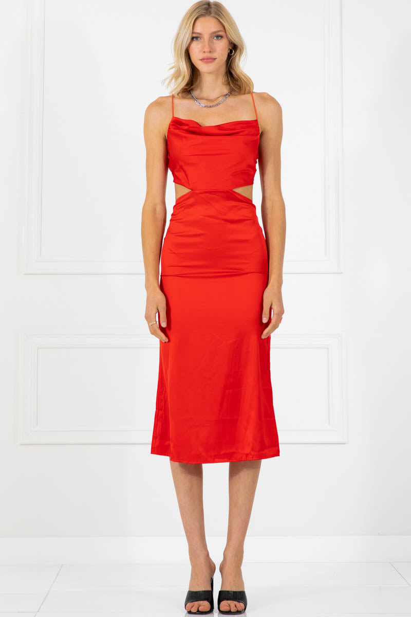 Sarah Red Silky Cowl Cut Out Open Back Midi Dress
