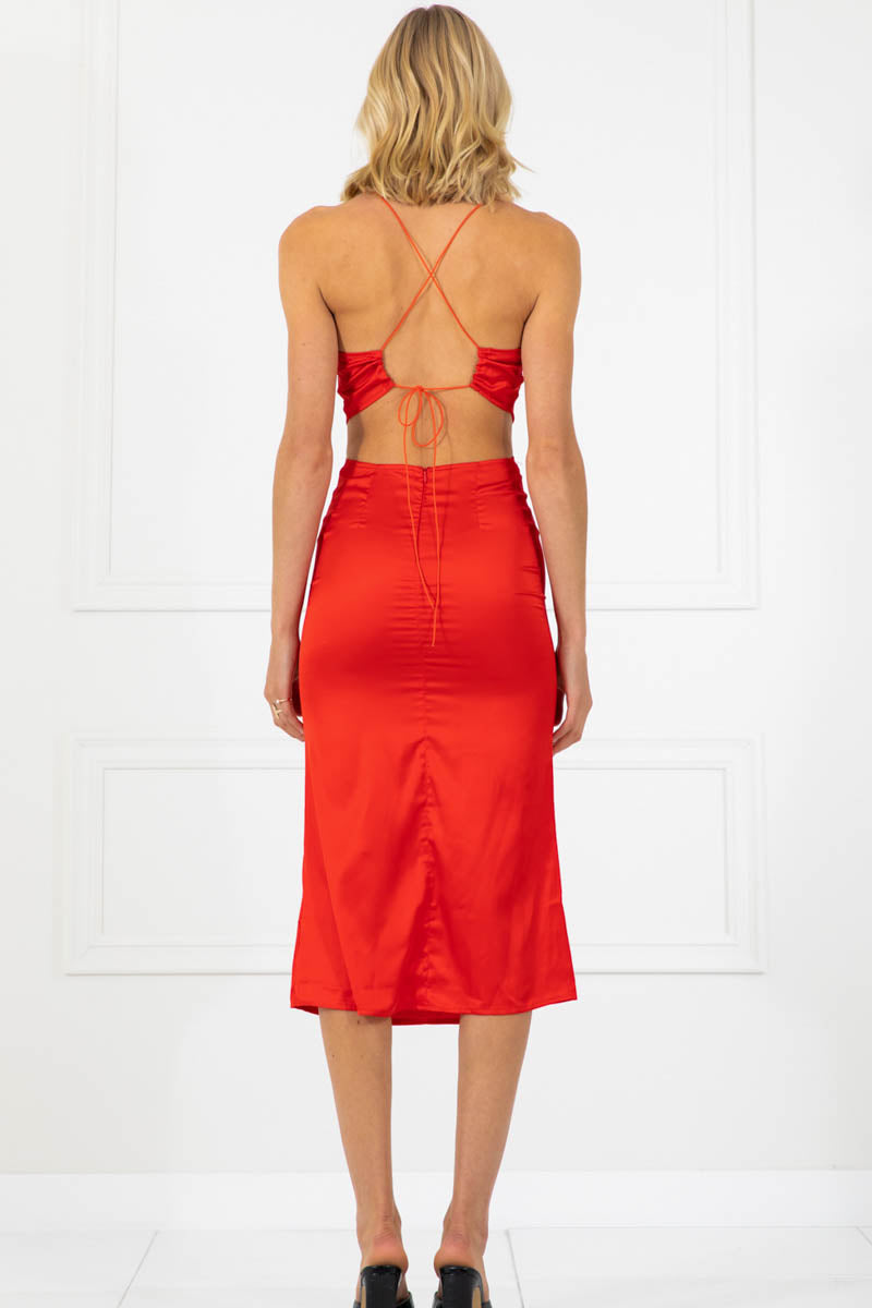 Sarah Brown Silky Cowl Cut Out Open Back Midi Dress
