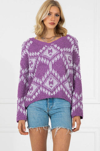 Amara Purple Oversized Chunky Knitted V-Neck Sweater