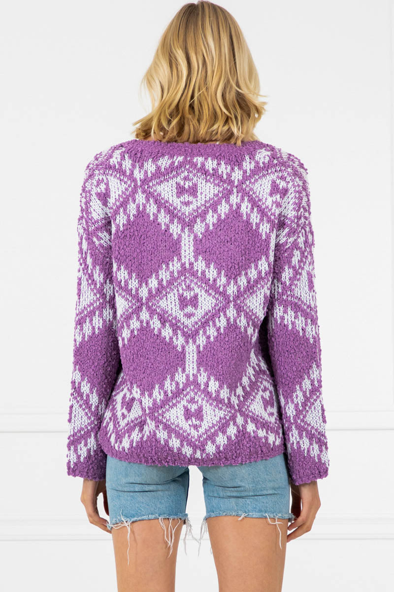 Amara Purple Oversized Chunky Knitted V-Neck Sweater