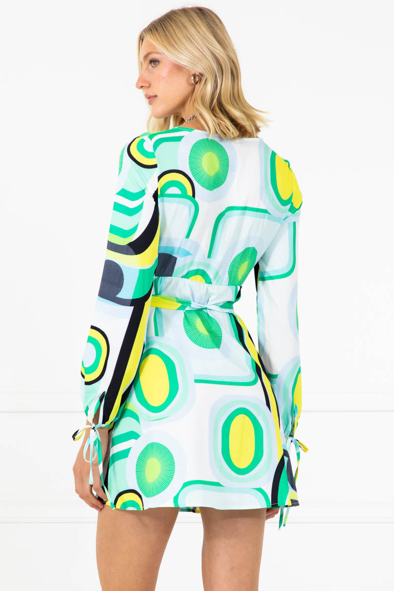 Julia Groovy Green Print Wrap Belt Dress