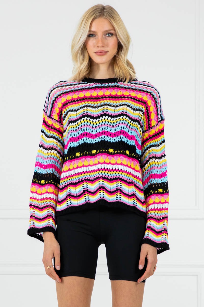 Macy Black Colorful Crochet Knit Wide Sleeve Top