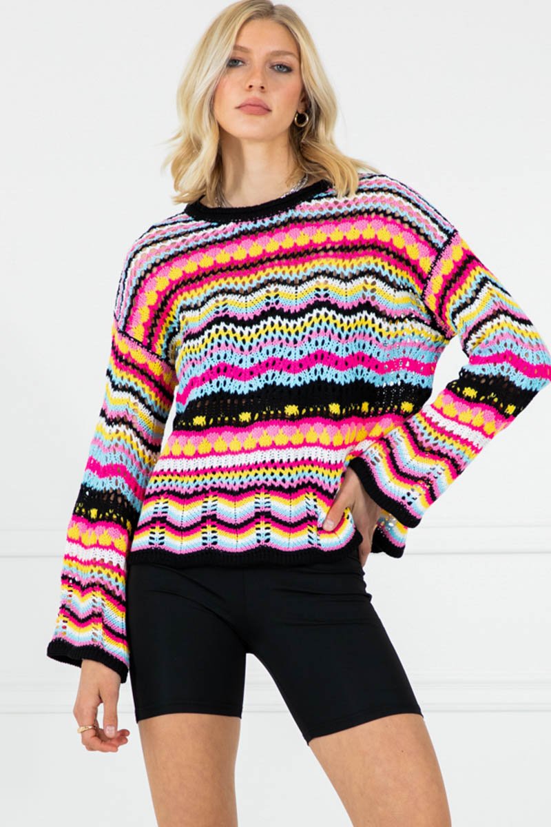 Macy Black Colorful Crochet Knit Wide Sleeve Top