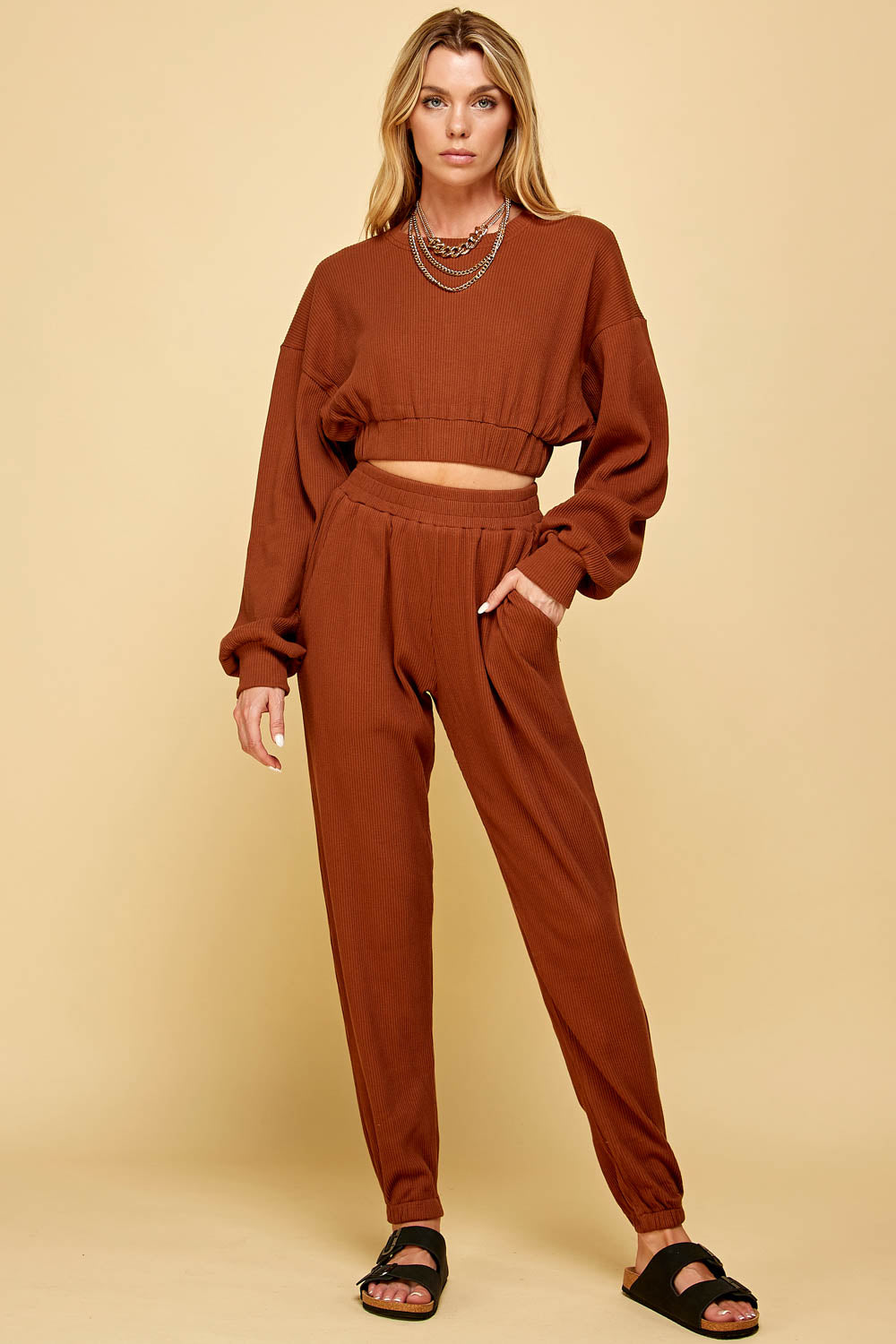 Rianne Brown Ribbed Knit Balloon Sweater Set
