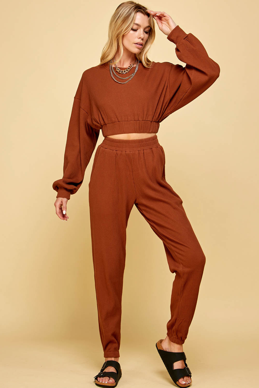 Rianne Brown Ribbed Knit Balloon Sweater Set