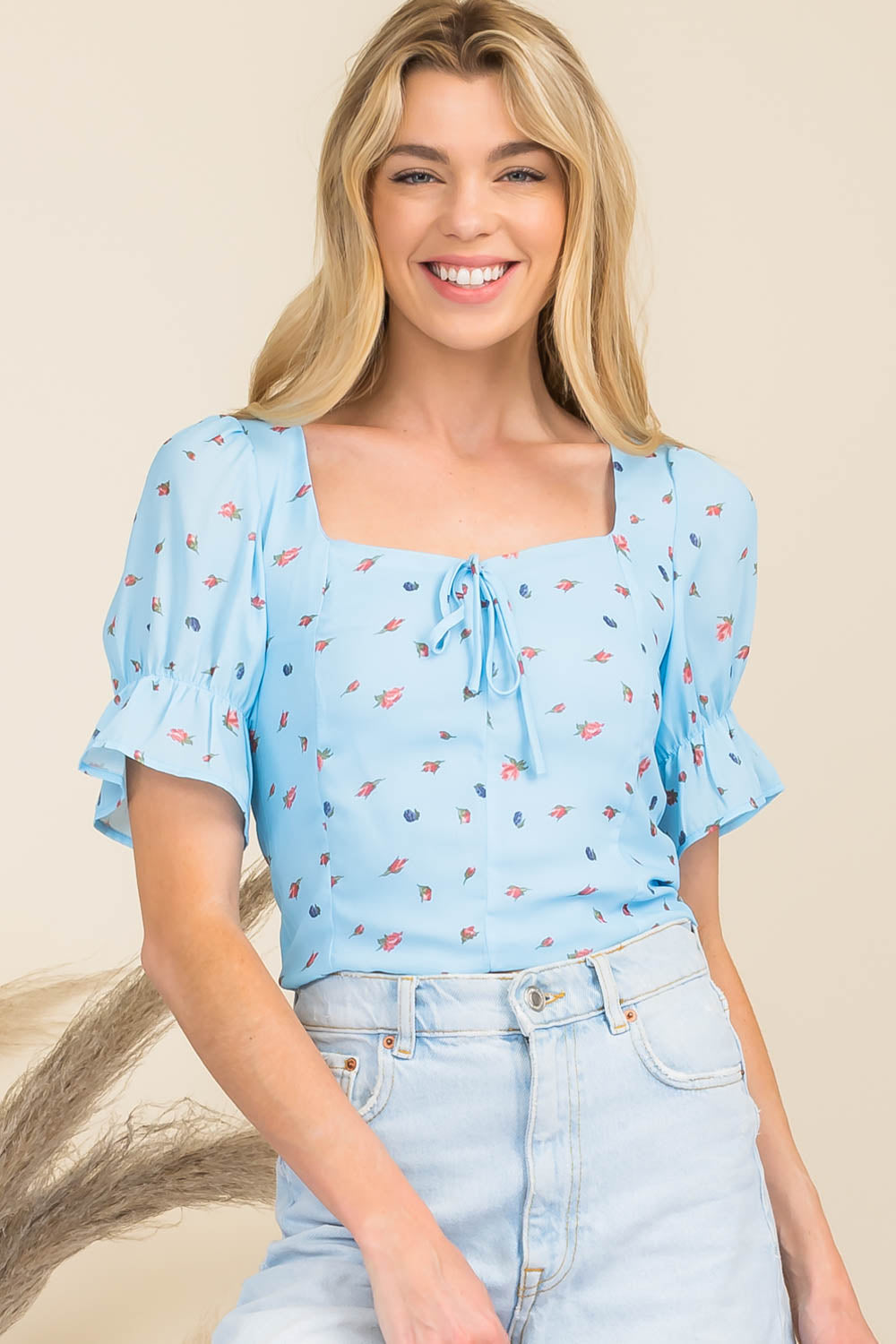 Paityn Floral Square Neck Puff Sleeve Crop Top