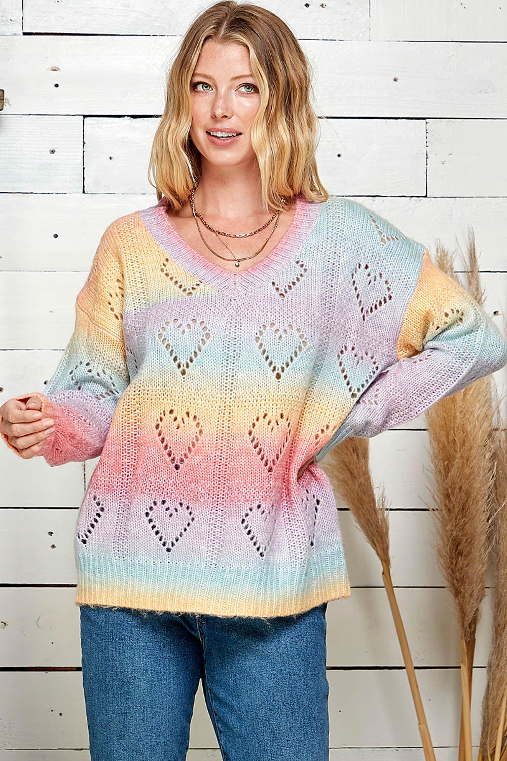 Hallie Multi-Color Lightweight Knit Top with Heart Hollow Detail