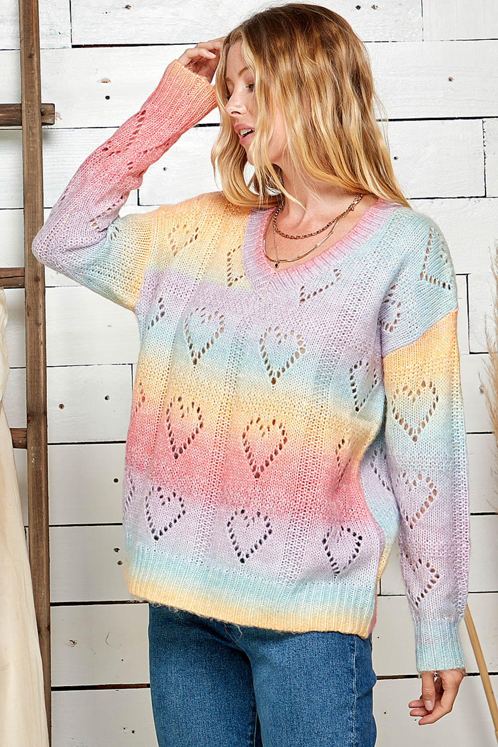 Hallie Multi-Color Lightweight Knit Top with Heart Hollow Detail