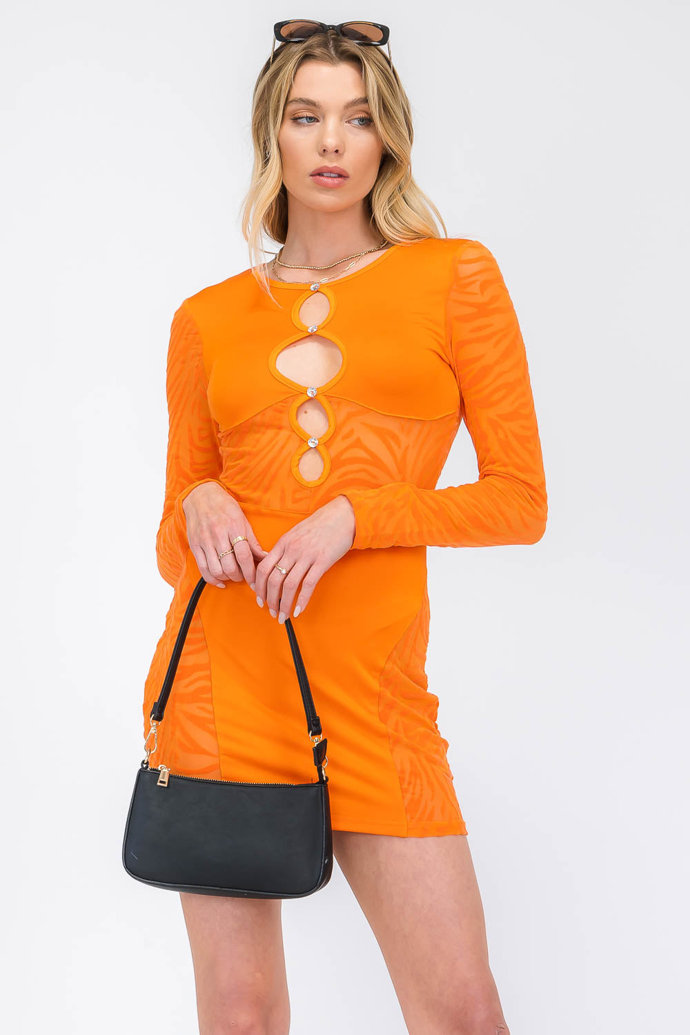 Jordin Orange Textured Mesh Cut Out Mini Dress