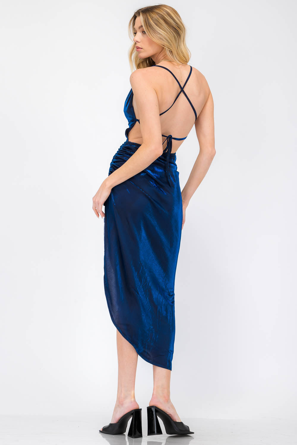 Hayze Blue Shimmer Overlay Open Back Leg Slit Dress