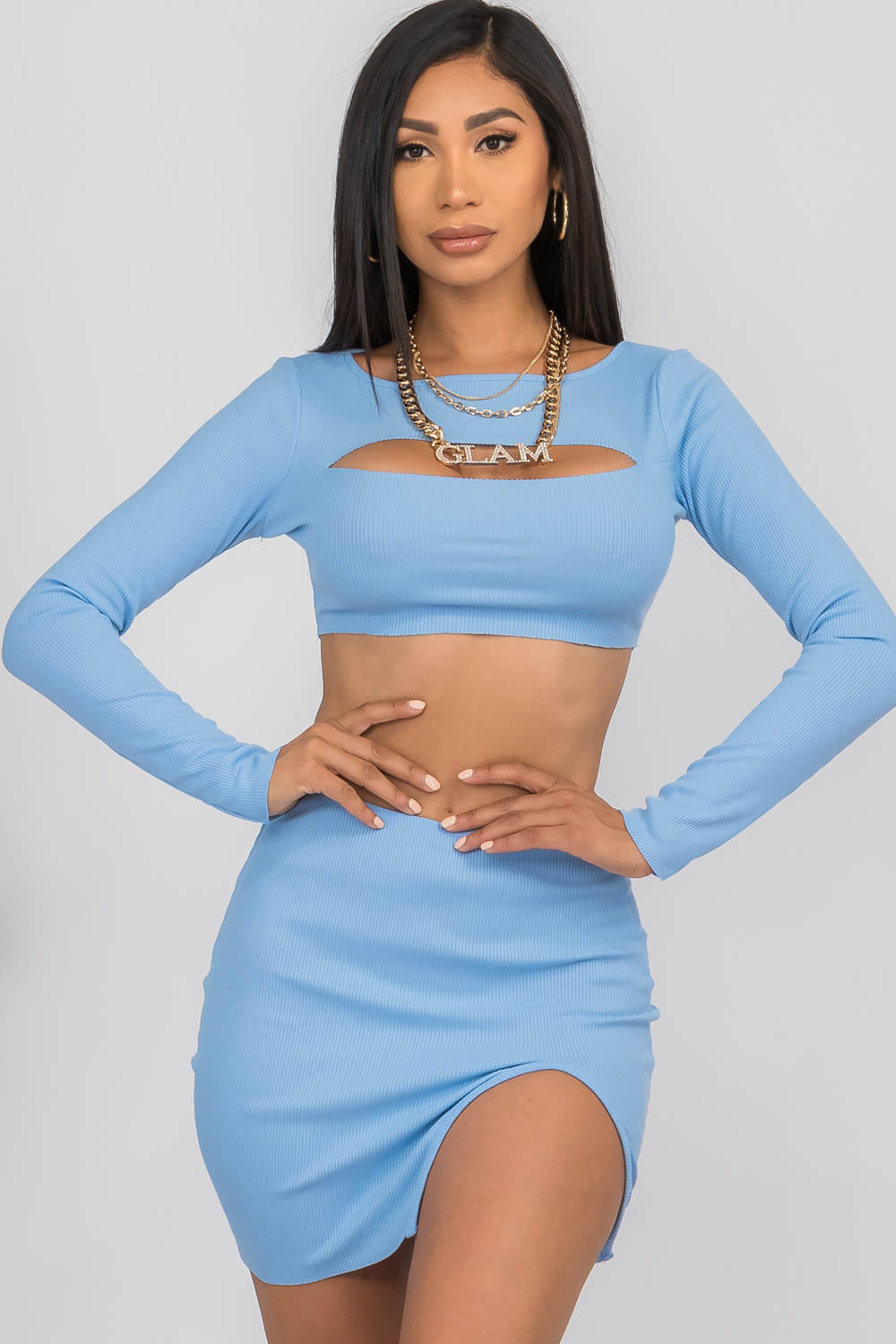 Ribbed Knit Long Sleeve Cut Out and Skirt Set