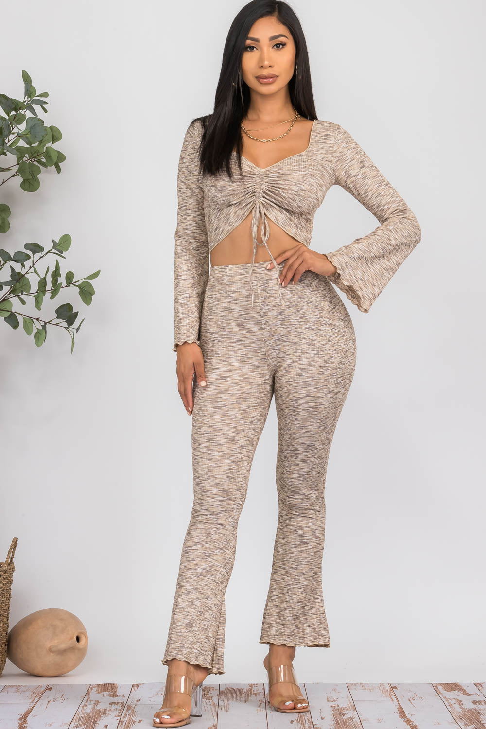 Cropped Bell Sleeve Top and Flare Pants Set