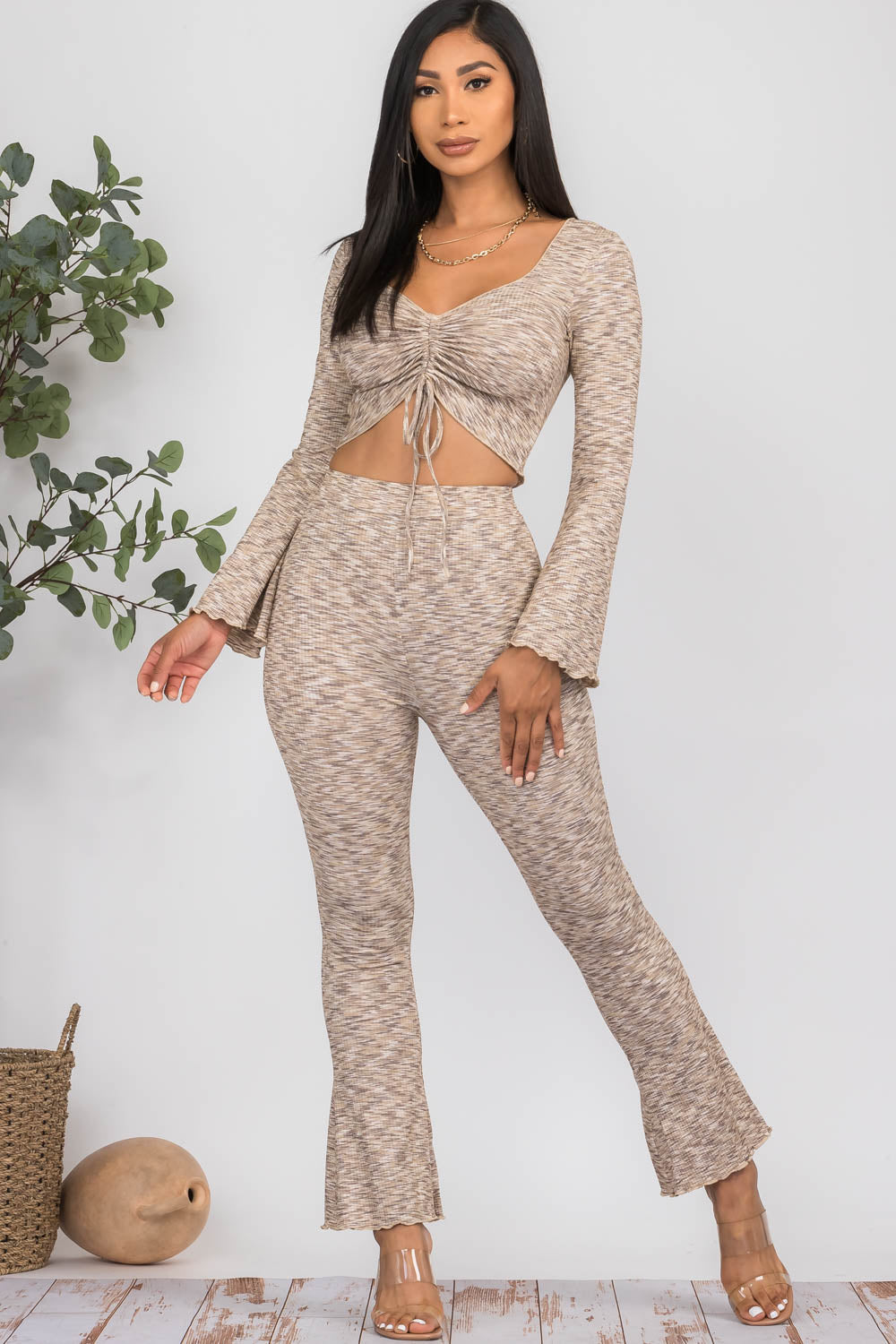 Cropped Bell Sleeve Top and Flare Pants Set