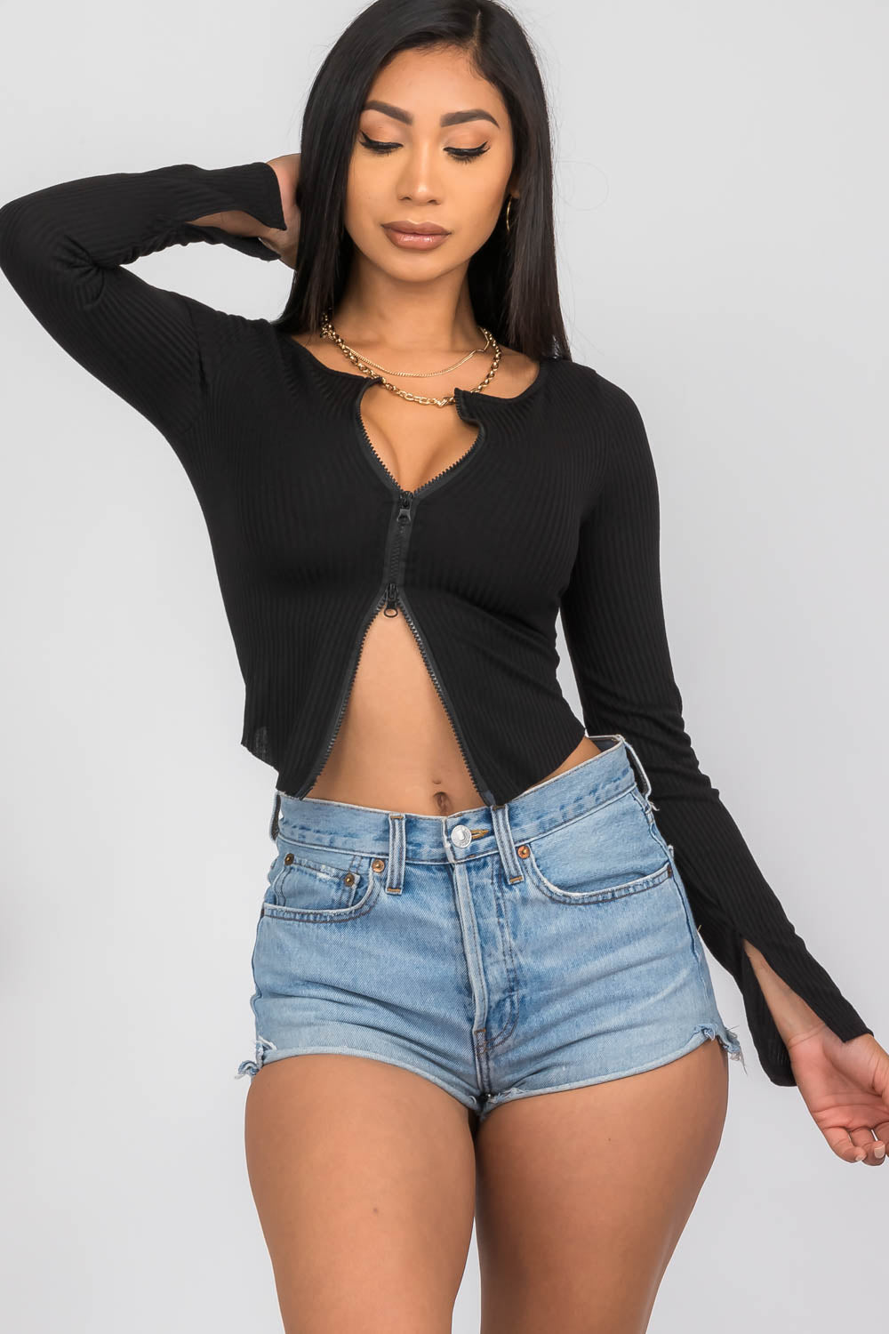 Ribbed Double Ended Zip Crop Top