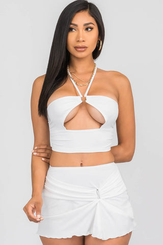 Ariella White Two Piece Wrap Top and Mini Skirt Set