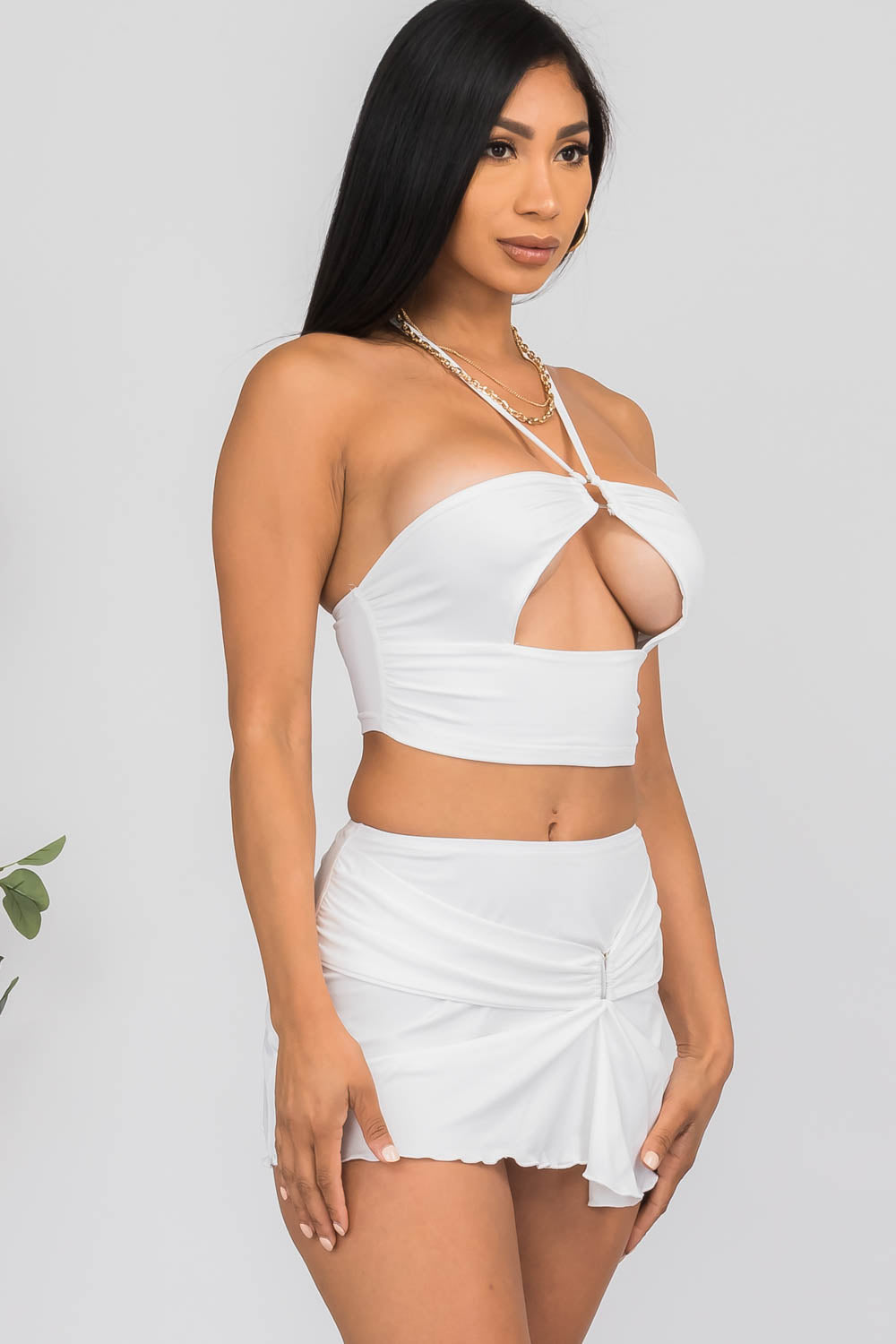 Ariella White Two Piece Wrap Top and Mini Skirt Set