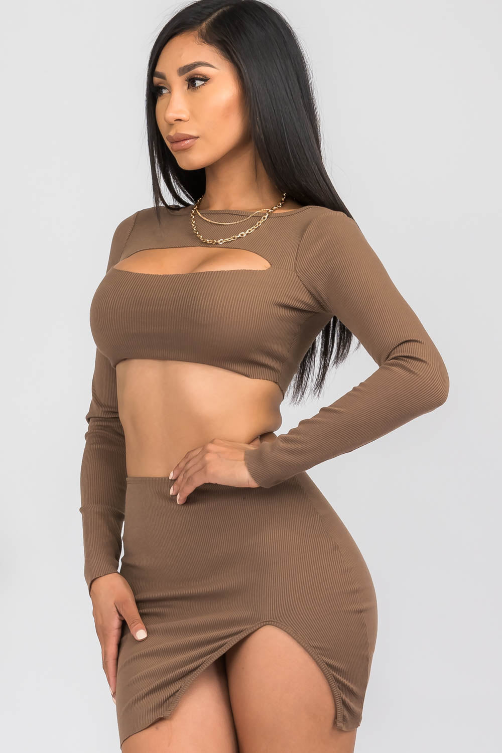 Ribbed Knit Long Sleeve Cut Out and Skirt Set