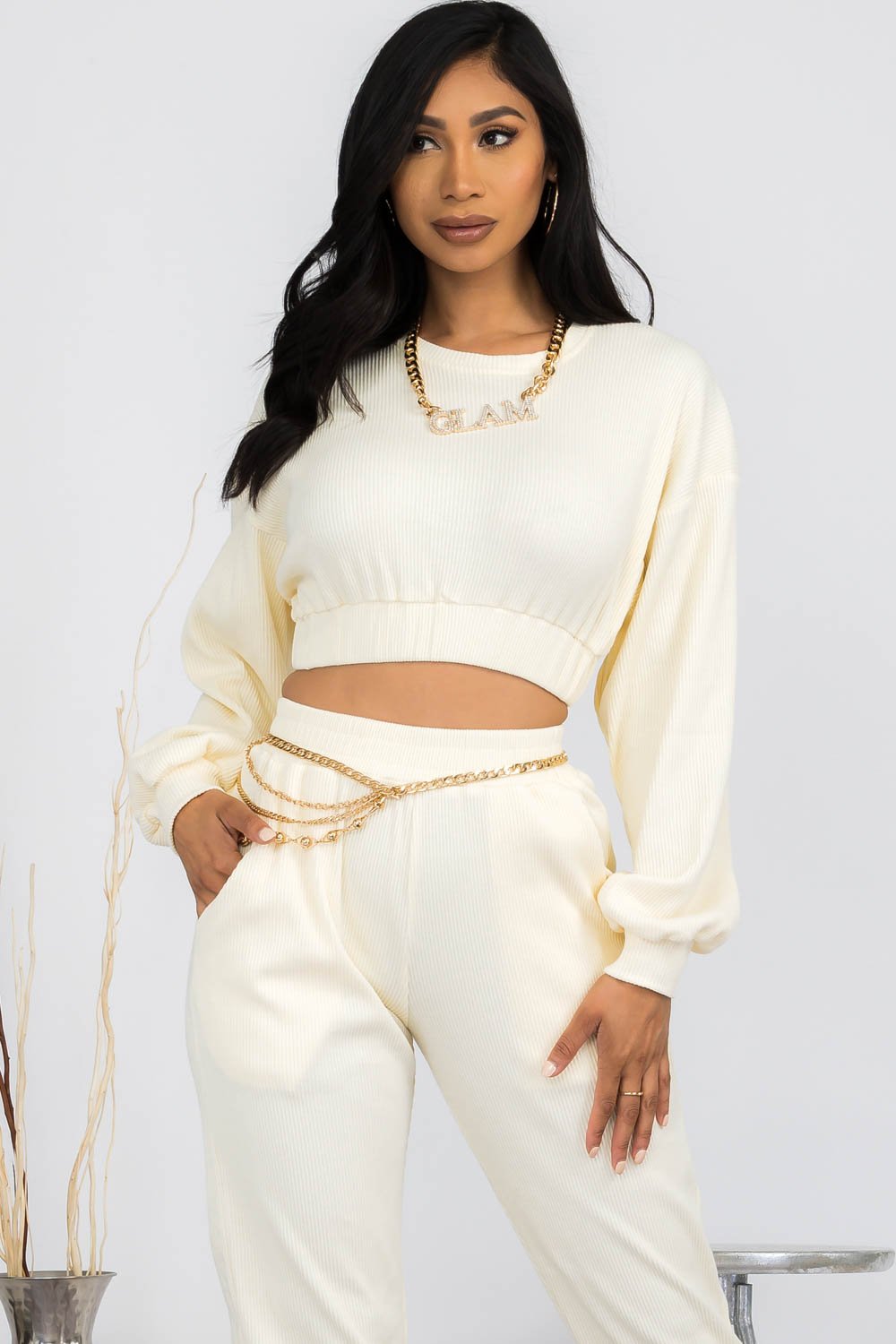 Rianne White Ribbed Knit Balloon Sweater Set