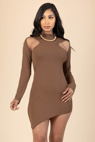 Cut Out Turtle Neck Long Sleeve Dress